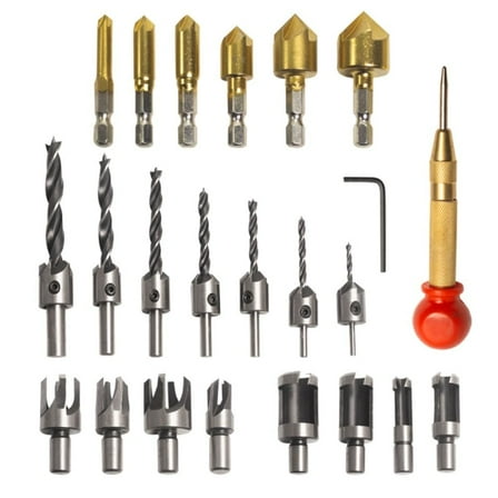 23pcs Woodworking Chamfer Drilling Tool Set Including Point Countersink Drill Bit, Wood Plug Cutters, Countersink Drill Bits, L-Wrench and Center Punch For Wood