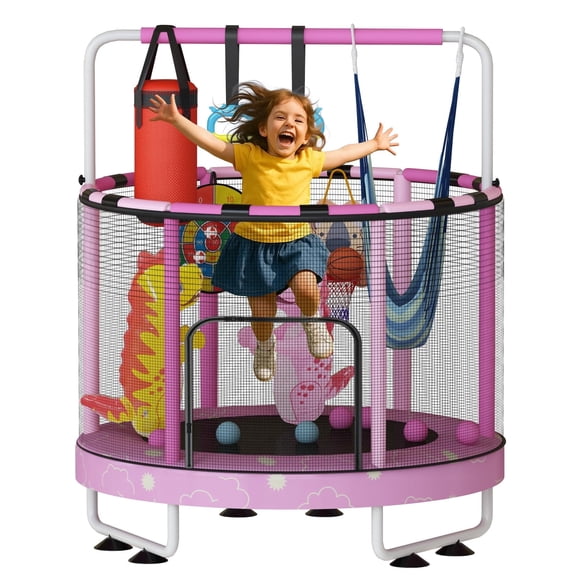 LinkRomat Round Trampoline for Kids, Indoor & Outdoor Toddler Trampoline with Enclosure, Adjustable Height Handrail & Durable Designs for Boys & Girls, 500lbs Capacity, 7-in-1, 55"