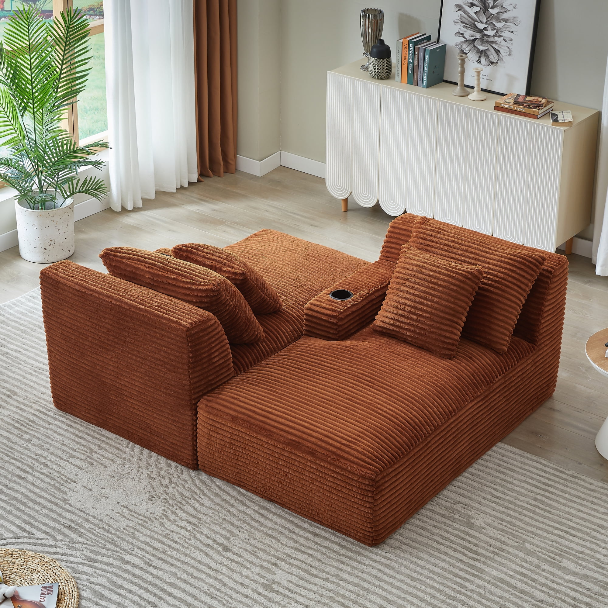 Leumius Oversized Double Chaise Lounge Sofa Bed, Boneless Lounge Sofa Bed with Cupholders,Fluffy Modern Sleeper Loveseat for Living Room,No Assembly Required,Orange