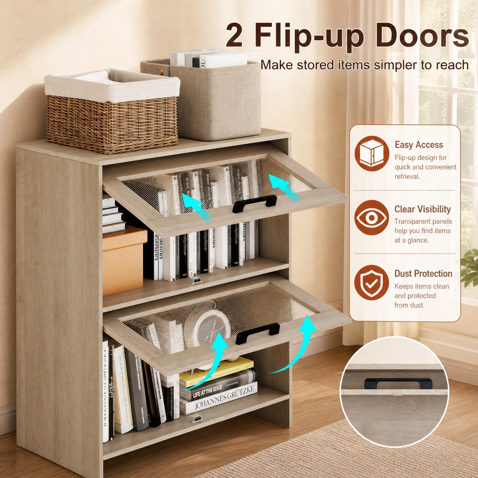 Furnibear 4-Tier Wood Bookcase with Flip-Up Cabinet Doors and Open Compartments Tall Storage for Home Office and Study, Natural