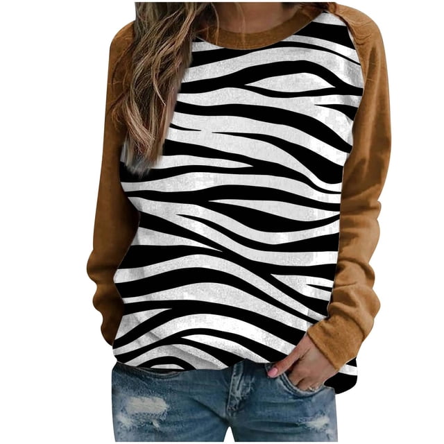 Yuyuzo Chandails en Molleton à Manches Longues Col Rond Simples pour Femmes 2025 Décontracté Tendance Imprimé Chandail Fin Tunique Raglan Marron A3