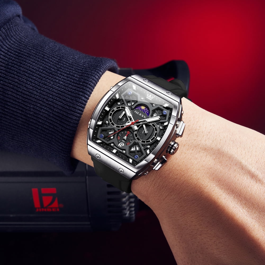 OLEVS Watches for Men Chronograph Waterproof Luxury Dress Quartz Silicon Strap Multifunction Moon Phase Calendar Luminous Men Wrist Watches Reloj Para Hombre Black/Red