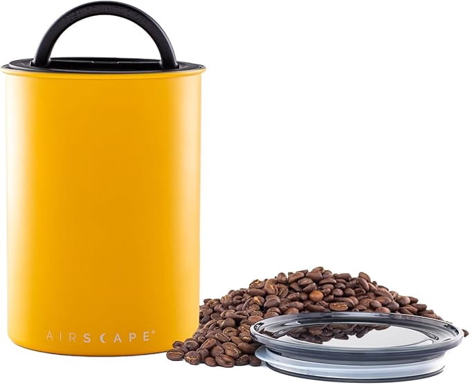 Planetary Design Airscape Stainless Steel Coffee Canister | Food Storage Container | Patented Airtight Lid | Push Out Excess Air Preserve Food Freshness (Medium, Matte Yellow)