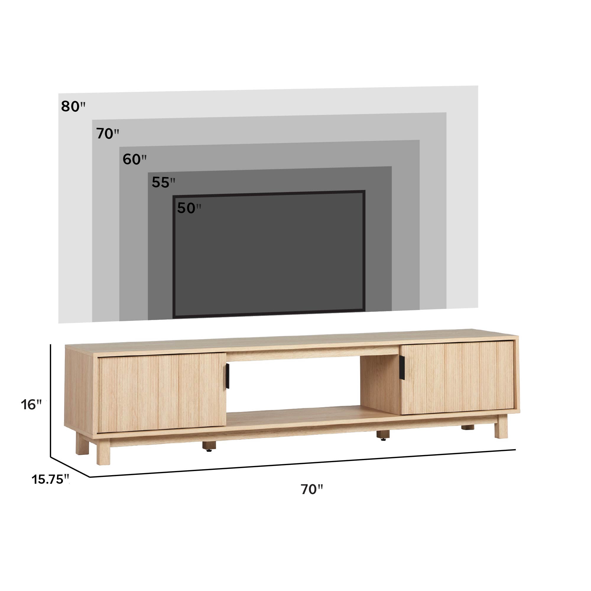 Walker Edison Mid-Century Modern Reeded 2-Door TV Stand for TVs up to 80”, Coastal Oak