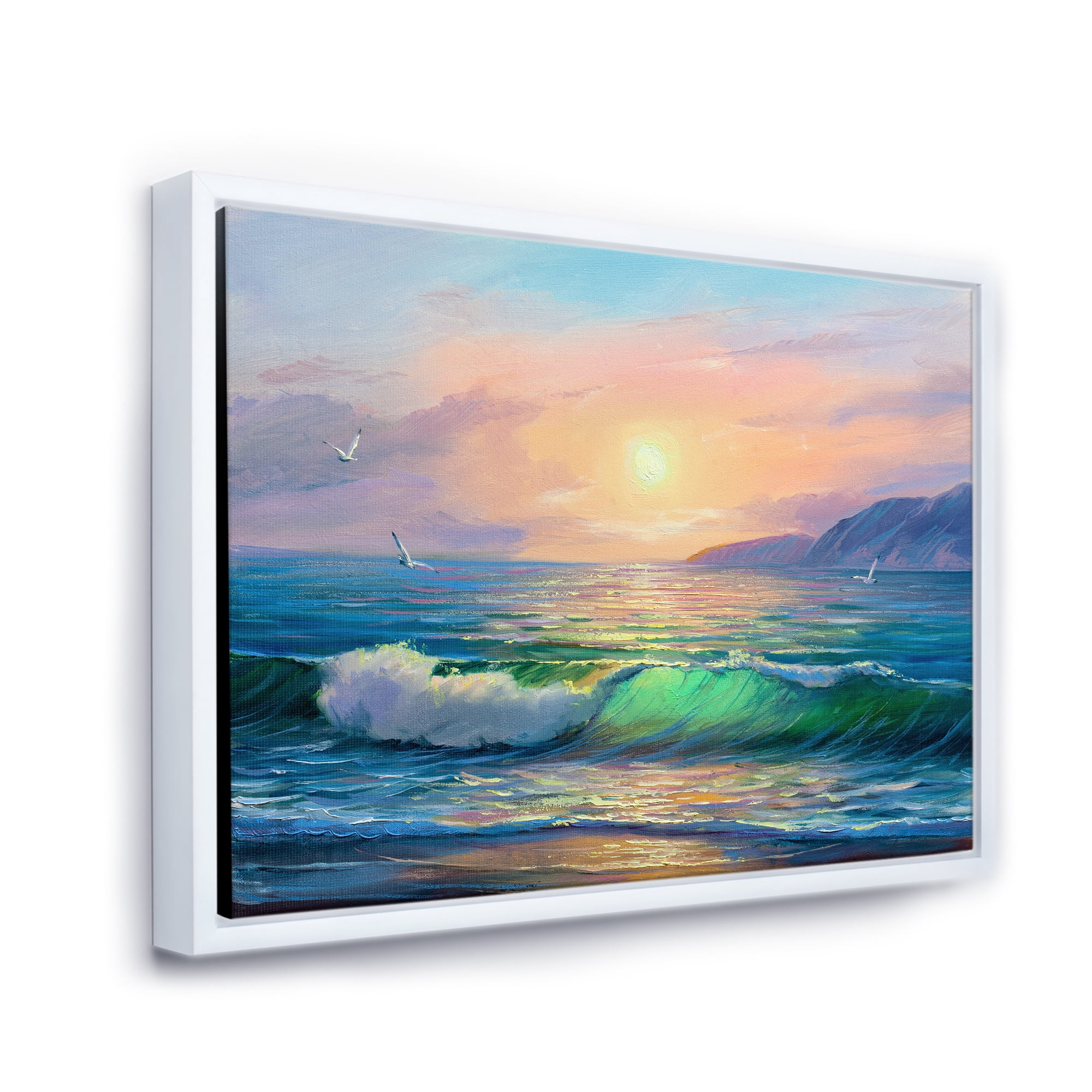 Designart 'Blue Waves Breaking At The Beach Landscape V' Nautical & Coastal Framed Canvas Wall Art Print