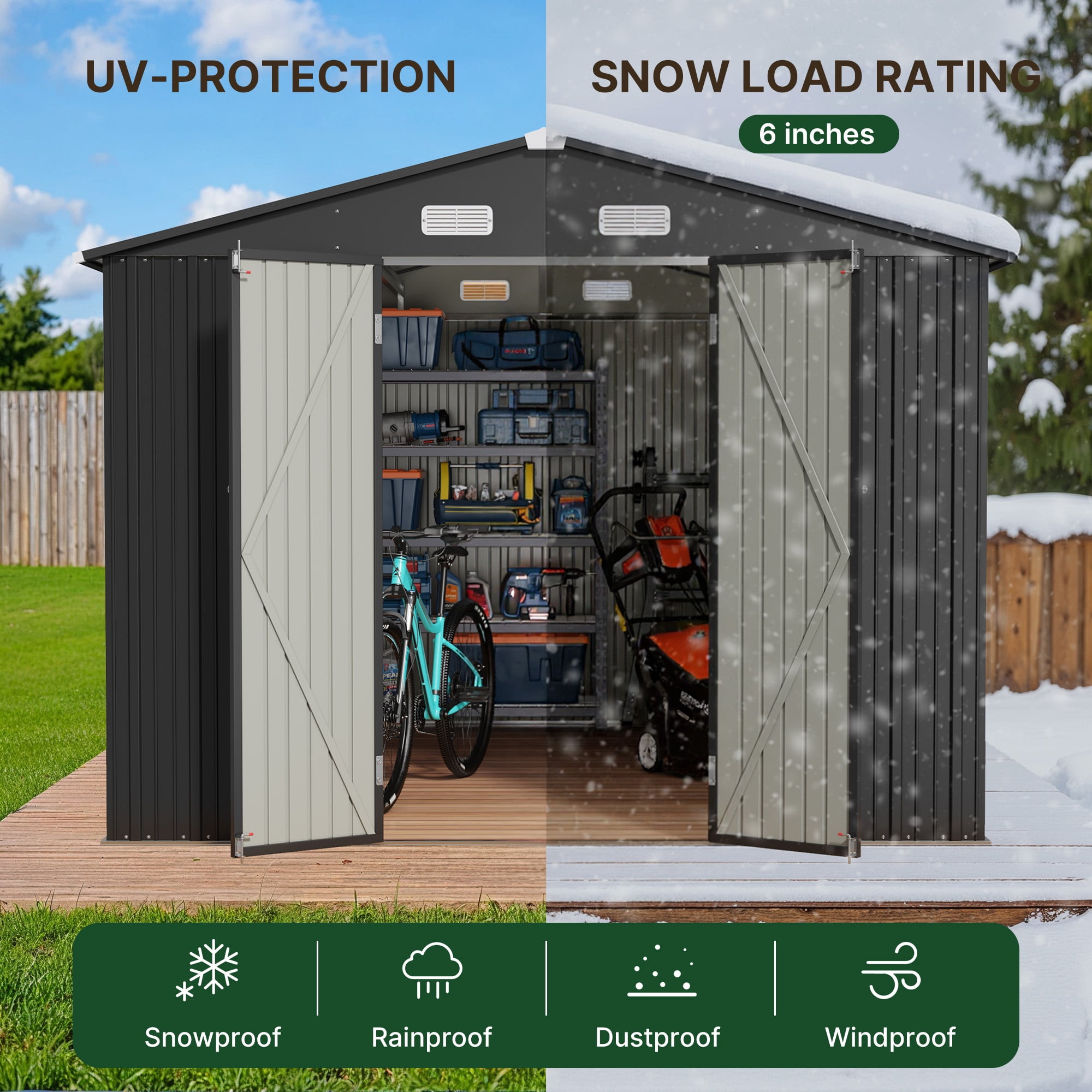10 x 10 FT Sheds and Outdoor Storage with Lockable Doors and Snowproof for Backyard, Garden Shed with 4 Vents (Dark Gray)