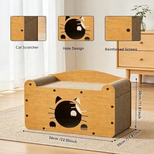 Cat Scratcher House, 2 in 1 Cat Bed and Cave, Wooden Scratching Board for Kittens and Adult Cats
