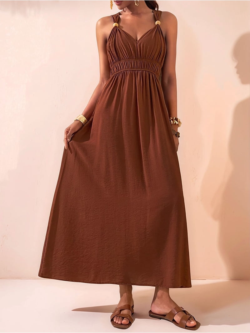 dark brown boho dress Women's High Waisted Sleeveless Smocked Long Dresses Line Sundress Clothing for Beach Vacation M All of Maddy Perez's gypsy boho dresses 30 in / 76 Color Available:Beige Cream White Dress