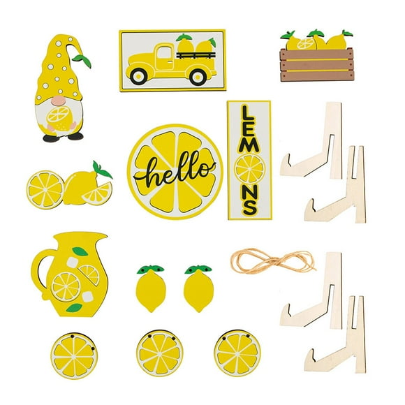 Decoraciones para bandejas escalonadas con temática de limones. Decoraciones artísticas de madera para mesas con forma de limón. Restaurante.