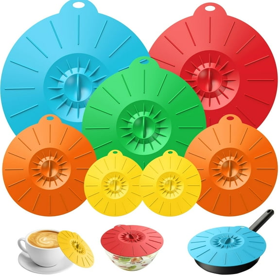 7 Pack Silicone Lids, Microwave Splatter Cover, 5 Sizes Reusable Heat Resistant Food Suction Lids fits Cups, Bowls, Plates, Pots, Pans, Skillets, Stove Top, Oven