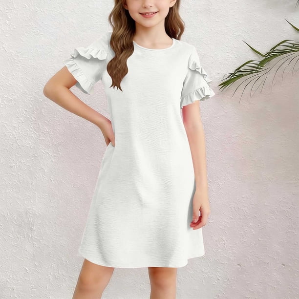 Vestido de manga corta con cuello redondo de color liso para niñas de medianas y grandes, informal, cómodo y de poliéster.