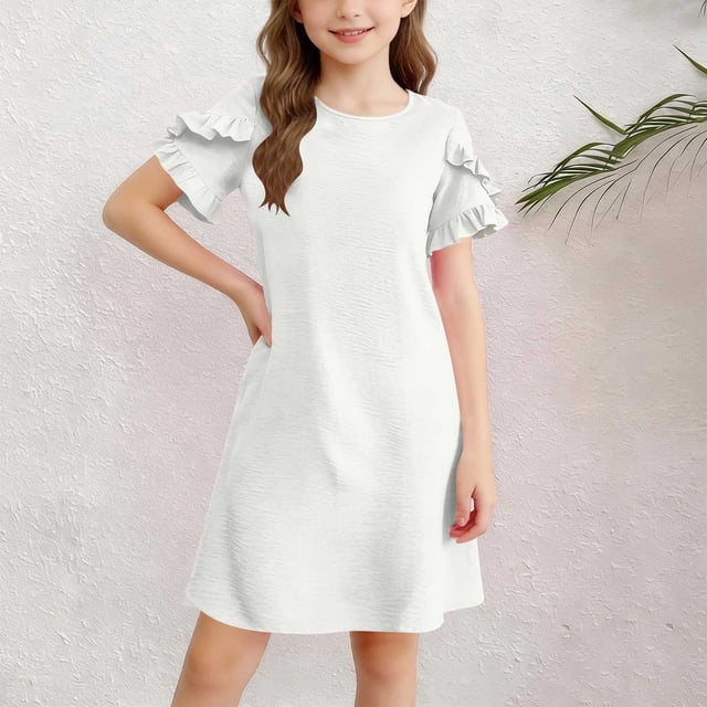 EGNMCR Robe Unie à Manches Courtes et Col Rond pour Enfants, Jupe Décontractée Confortable pour Filles, Polyester