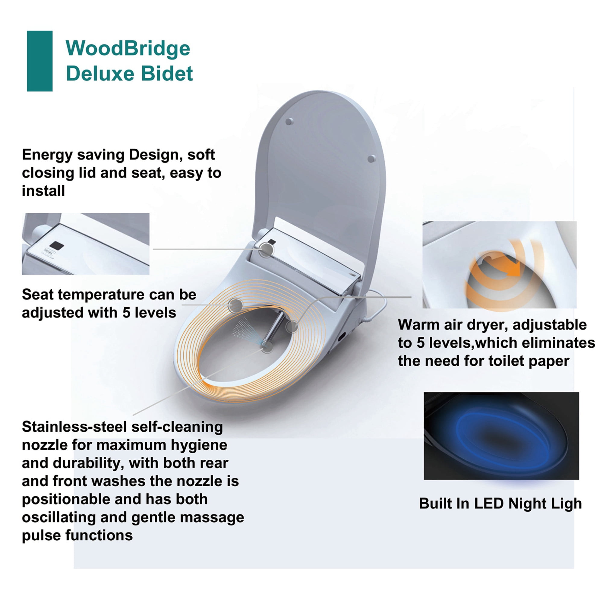 woodbridge t-0008 luxury bidet toilet, elongated one piece toilet with advanced bidet seat, smart toilet seat with temperature controlled wash functions and air dryer