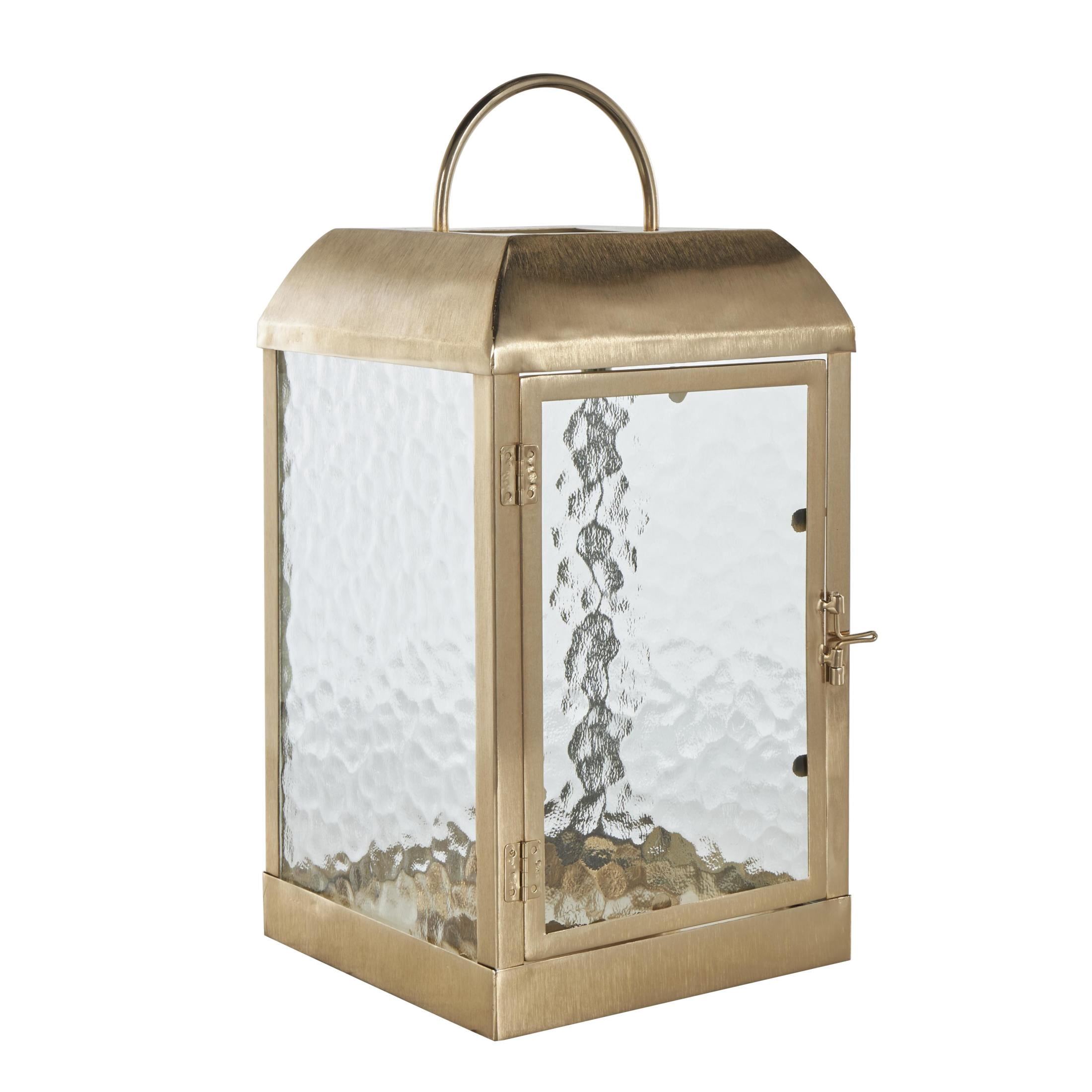 DecMode Gold Metal Candle Lantern with Pebbled Glass