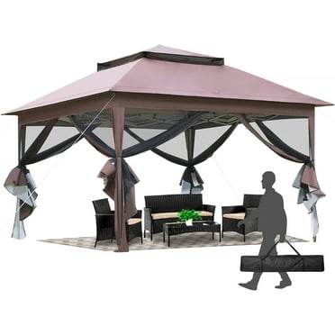 PayLessHere 10'x10' Pop up Gazebo Outdoor Canopy with Mosquito Netting Double Roof Tops ,Brown