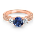 thumbnail image 2 of Gem Stone King 18K Rose Gold Plated Silver Blue Created Sapphire White Topaz and White Moissanite Engagement Ring for Women (2.34 Cttw, Gemstone September Birthstone, Round 7MM and 4MM, Size 8), 2 of 3