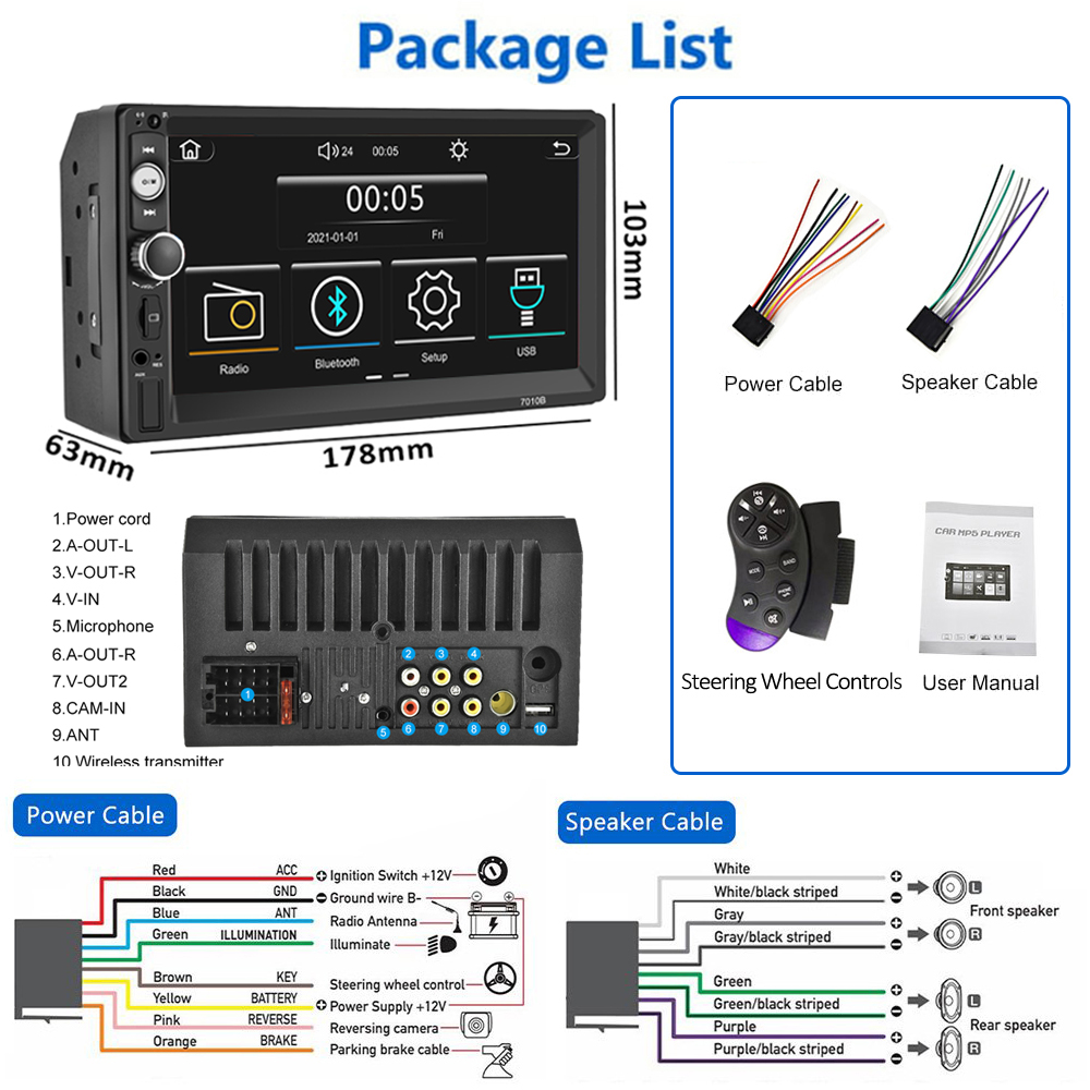 Podofo Double 2 Din 7'' Universal Car Stereo Radio Apple Carplay Android Auto Mirror Link HD Touch Screen Car Audio Multimedia Player MP3 MP5 Bluetooth FM USB(Rear Camera Not Included)