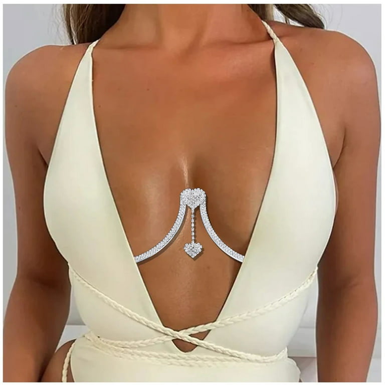 Bling Rhinestone Love Heart Chest Chain Harness Bra Necklace For
