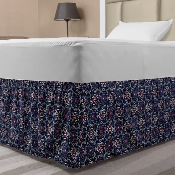 Boho Bed Skirt, Folk Mediterranean Style Complex Jumble Motifs, Elastic Bedskirt Dust Ruffle Wrap Around for Bedding Decor, 4 Sizes, Indigo Multicolor, by Ambesonne