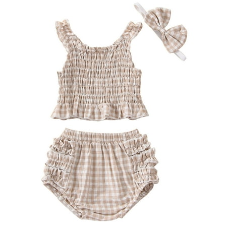 

CenturyX 3Pcs Newborn Baby Girls Summer Outfits Plaid Tank Tops Shorts Briefs Hairband Clothes Set Khaki 3-6 Months