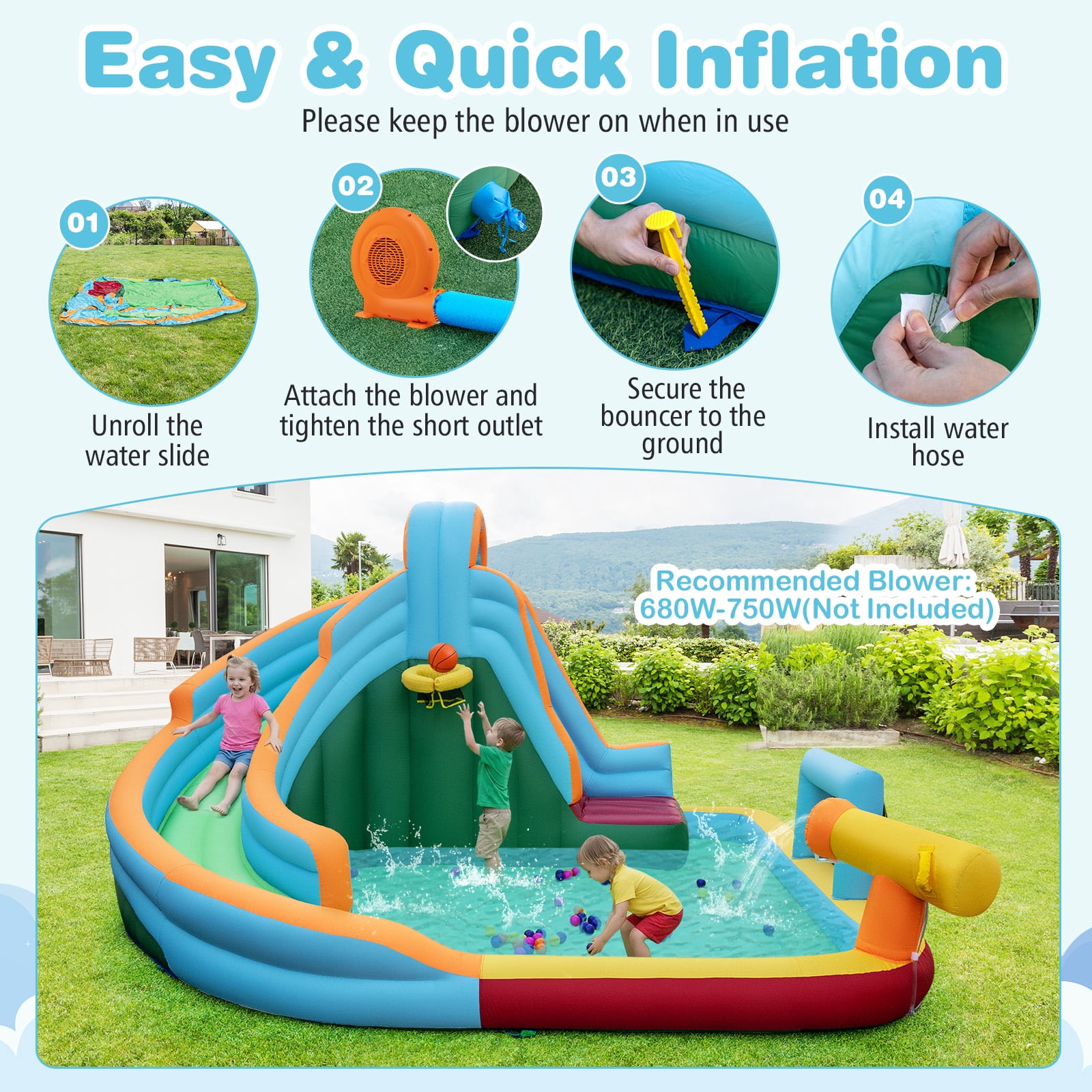 Gymax Inflatable Water Slide Park 6-in-1 Giant Bounce House w/Long Slide Splash Pool