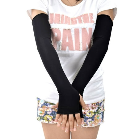 Women Stretchy UV Protection Elbow Length Fingerless Gloves, Black2