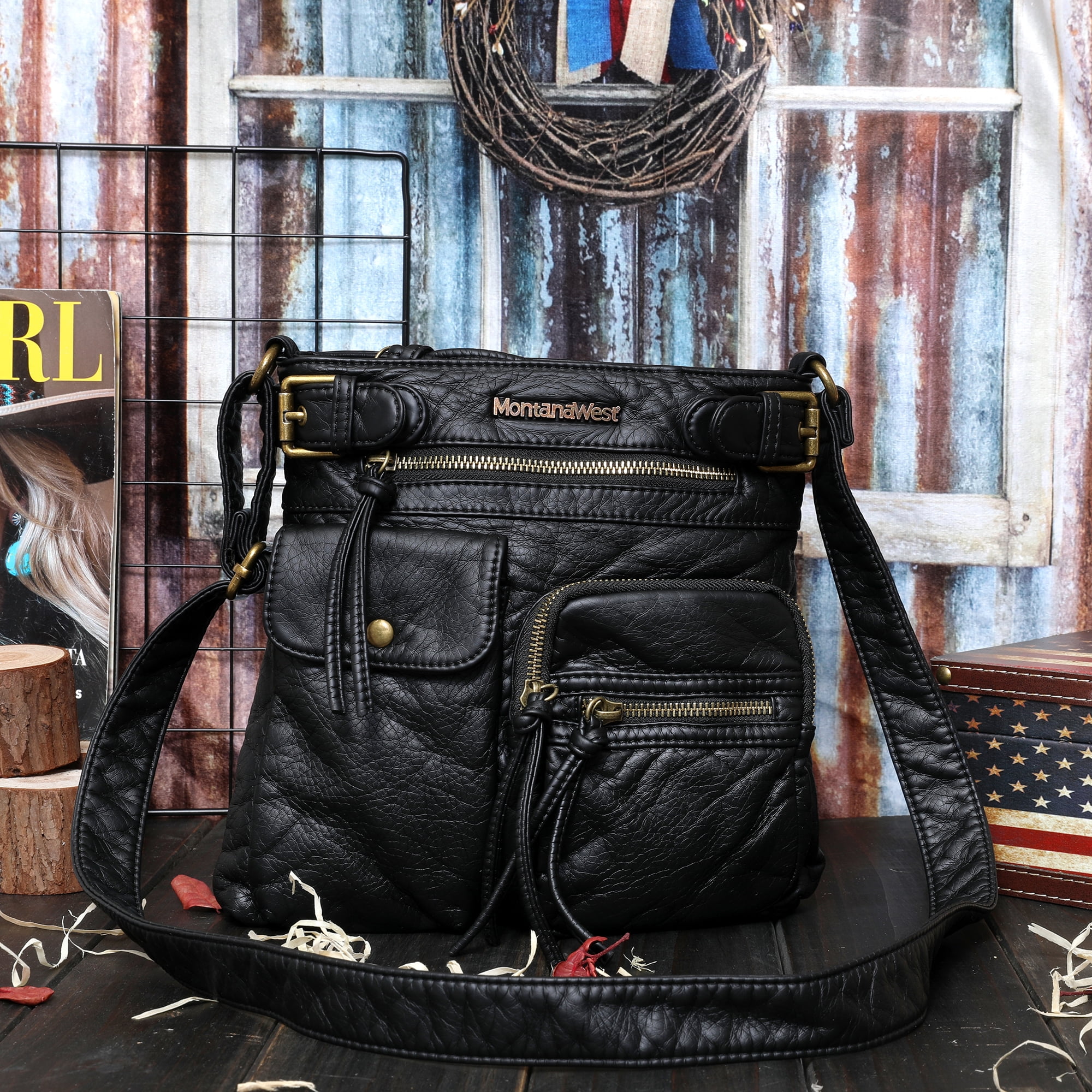 Montana West Crossbody Bag for Women Soft Washed Leather Multi Pocket Shoulder Purses, Black