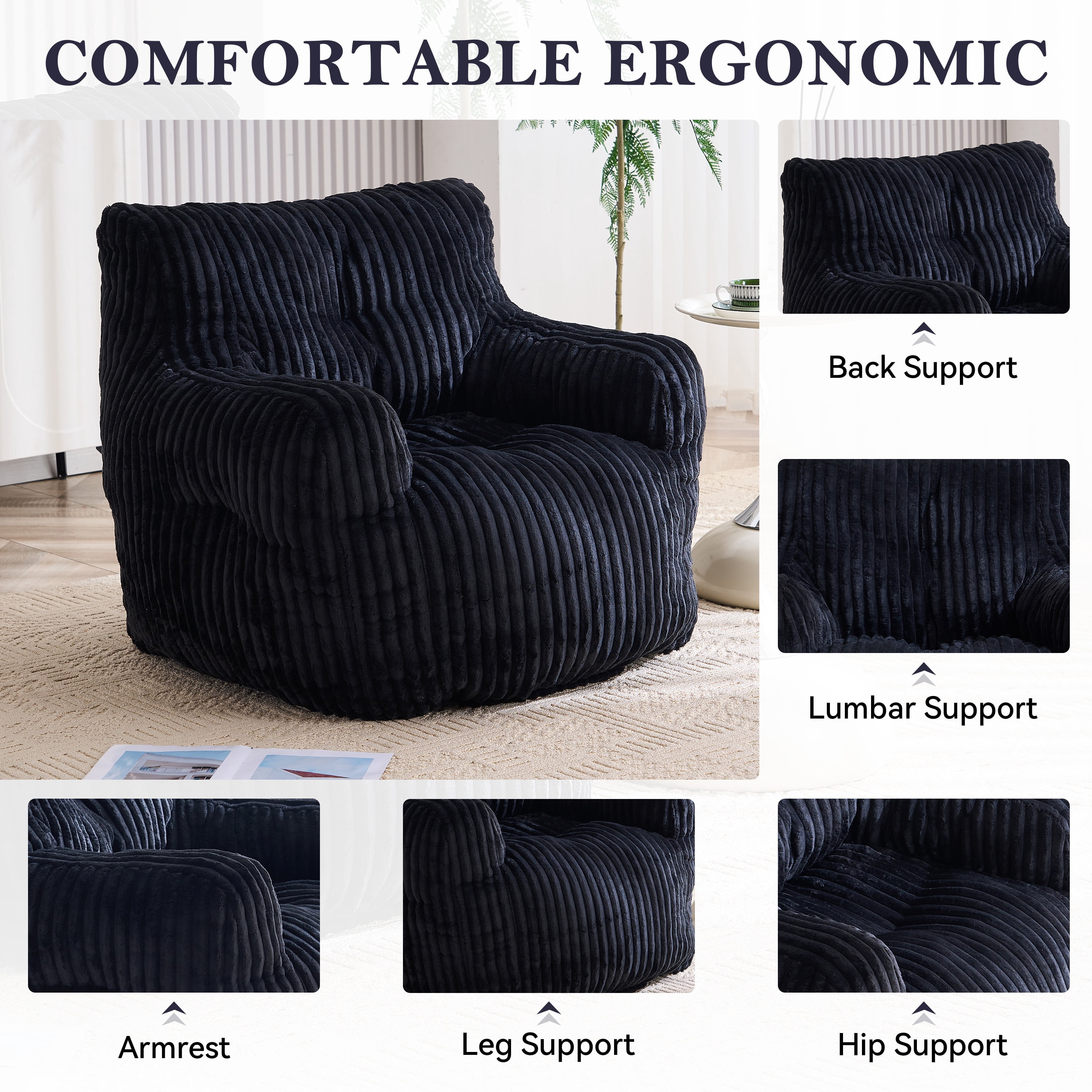 Soft Fluffy Corduroy Fabric Bean Bag Chair Filled With Memory Sponge,Black