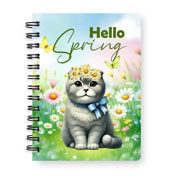 Scottish Fold Hello Spring Time Flower Floral Nature Spiral Bound Journal Cat Lover Kitten Owner Gifts 5x7in Spiral Notebook - 02031