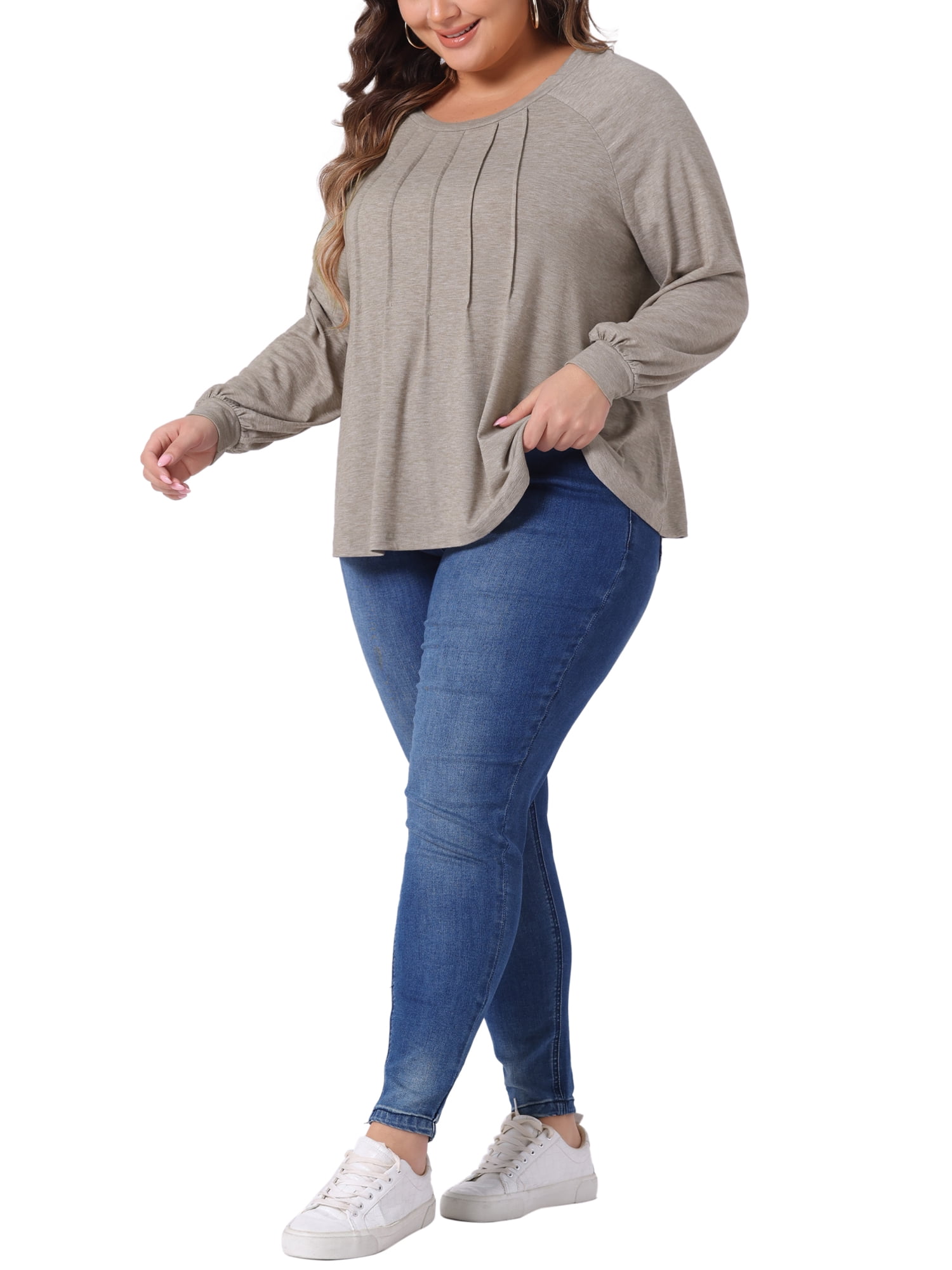 DARING DIVA Women's Plus Tunic Crew Neck Pleated Casual Blouse 1X Light Khaki
