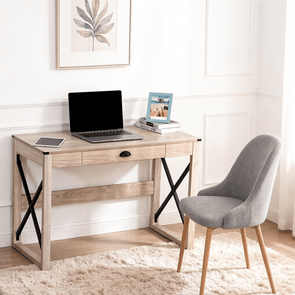 Simple Writing Computer Desk with Storage Drawer, X-Shaped Steel Frame Particleboard Work Table, Multi-Purpose Vanity Desk for Bedroom Office Study, Natural & Black Available