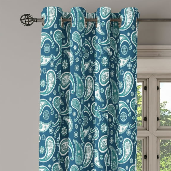 Ambesonne Vintage Blue Grommet Curtain Single Panel, Eastern Paisley, 50"x60", Dark Blue Teal and White