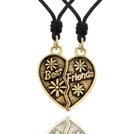 Floral Best Friends Heart Puzzle Gold Brass Charm Necklace Pendant Jewelry With Cotton