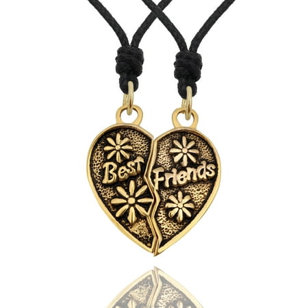 Floral Victorian Pendant Floral Best Friends Heart Puzzle Gold Brass Charm Necklace Pendant Jewelry With Cotton Cord ()