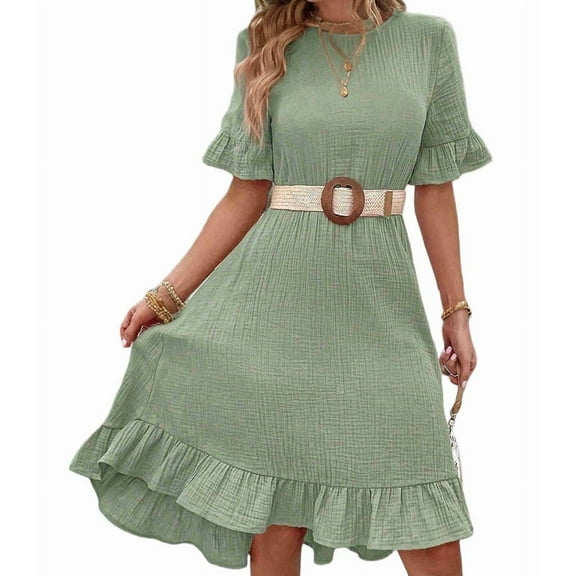 Deliqiba Women'S Short Sleeve Dresses High Waist Round Neck Solid Flounce Sleeve Ruffle Dress Bean Green S