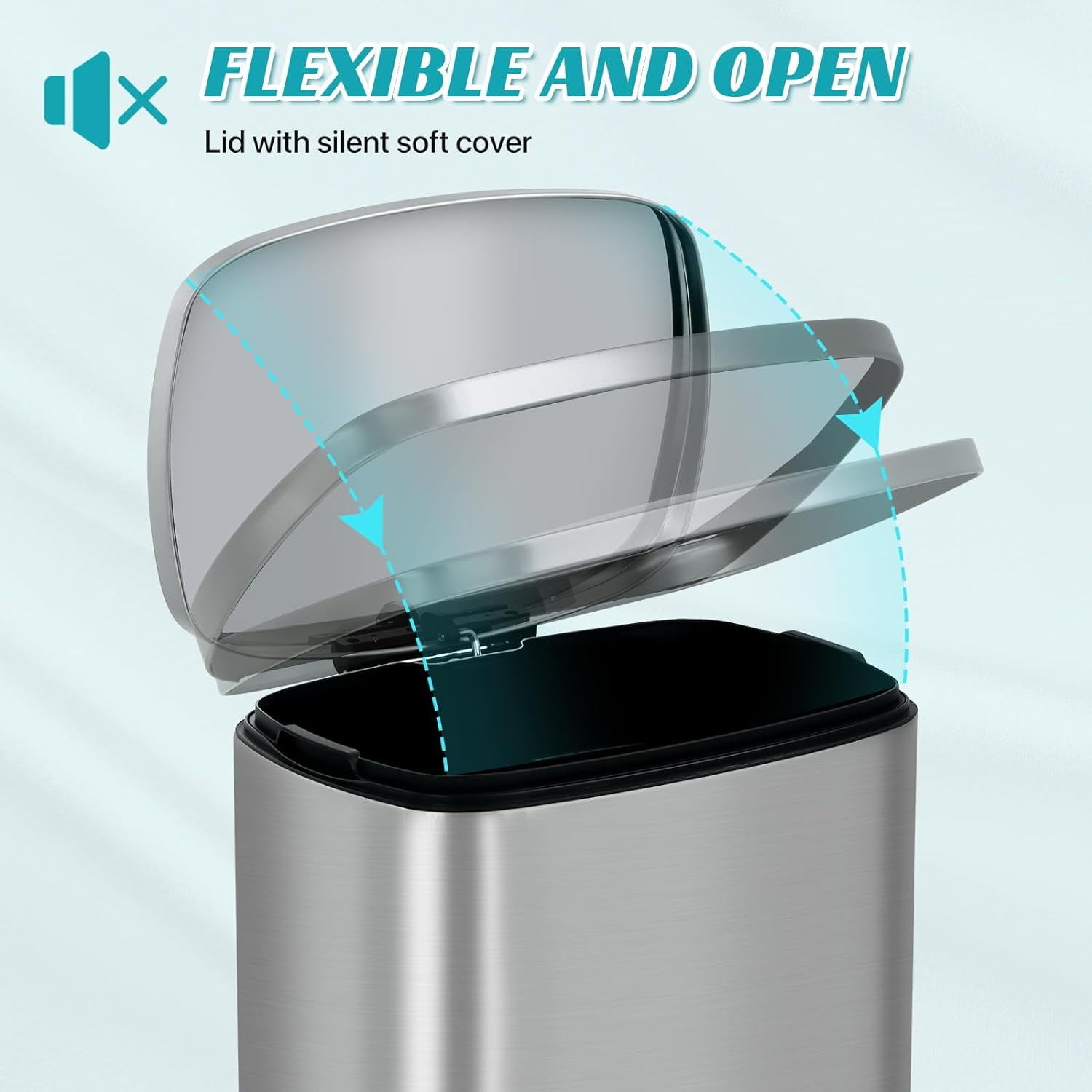 BIQWBIC 13 Gallon Kitchen Trash Can with Soft Close Lid, Foot Pedal and Inner Bucket, Stainless Steel