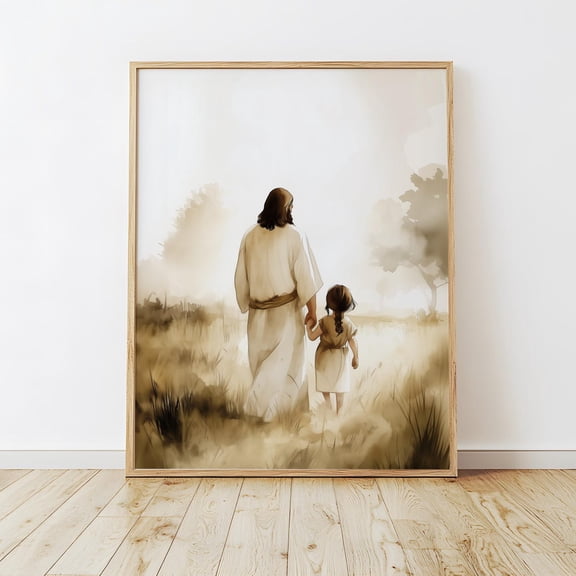 Jesus Walking With Little Girl Nursery Art, Unframed Paper Print Size 8x12