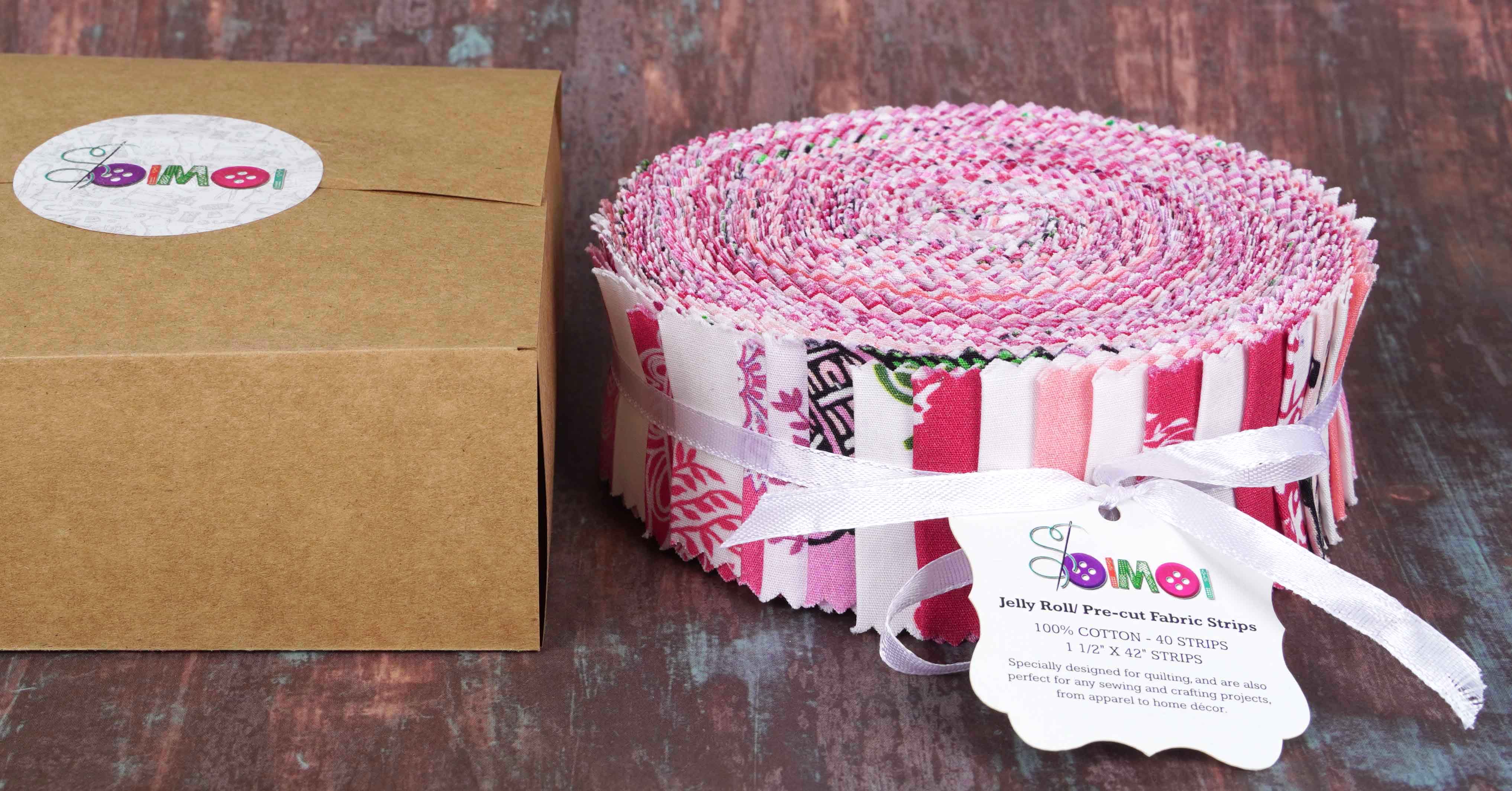 Soimoi 40Pcs Block Print Precut Fabrics Strips Roll Up 1.5x42inches Cotton Jelly Rolls For Quilting - Rose Pink