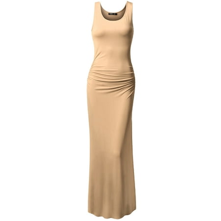 - Doublju Women's Maxi Dress Side Shirring Waist Sleeveless BEIGE XS