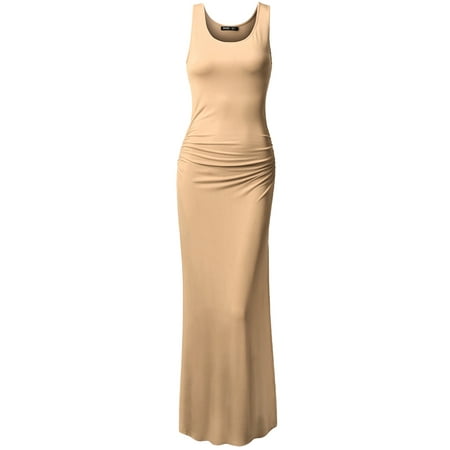 Doublju Women's Maxi Dress Side Shirring Waist Sleeveless BEIGE XS