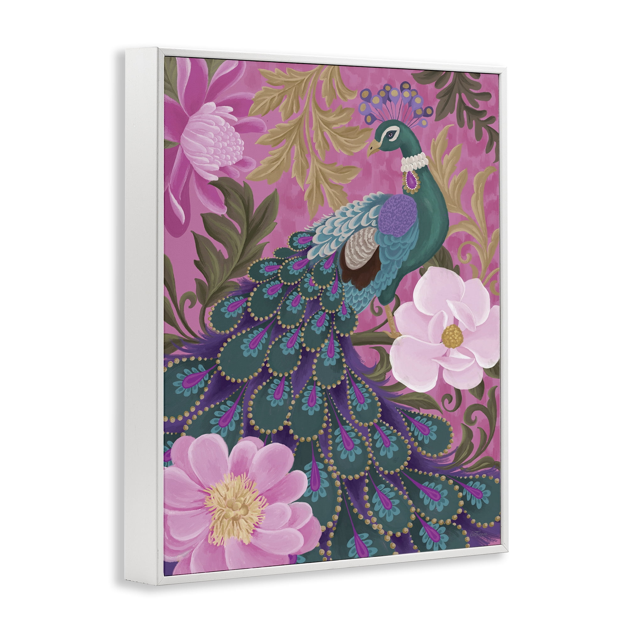 Stupell Industries Peacock & Pink Blossoms Animals & Insects Painting White Framed Art Print Wall Art, 11 x 14