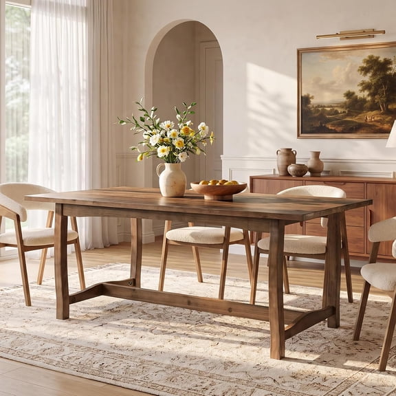 Finmind 63" Solid Wood Dining Table for 4-6, Farmhouse Rectangular Kitchen Table with Reinforced Trestle Base, Spacious Tabletop, Brown