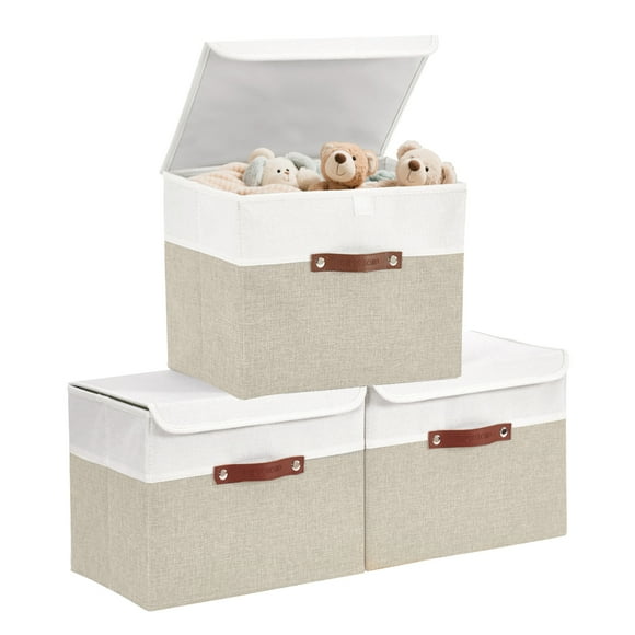 DECOMOMO Boîte de Rangement avec Couvercle, Boîte Décorative, Grands Bacs de Rangement avec Couvercle (Beige et Blanc, Lot de 3 avec Couvercle Rabattable)