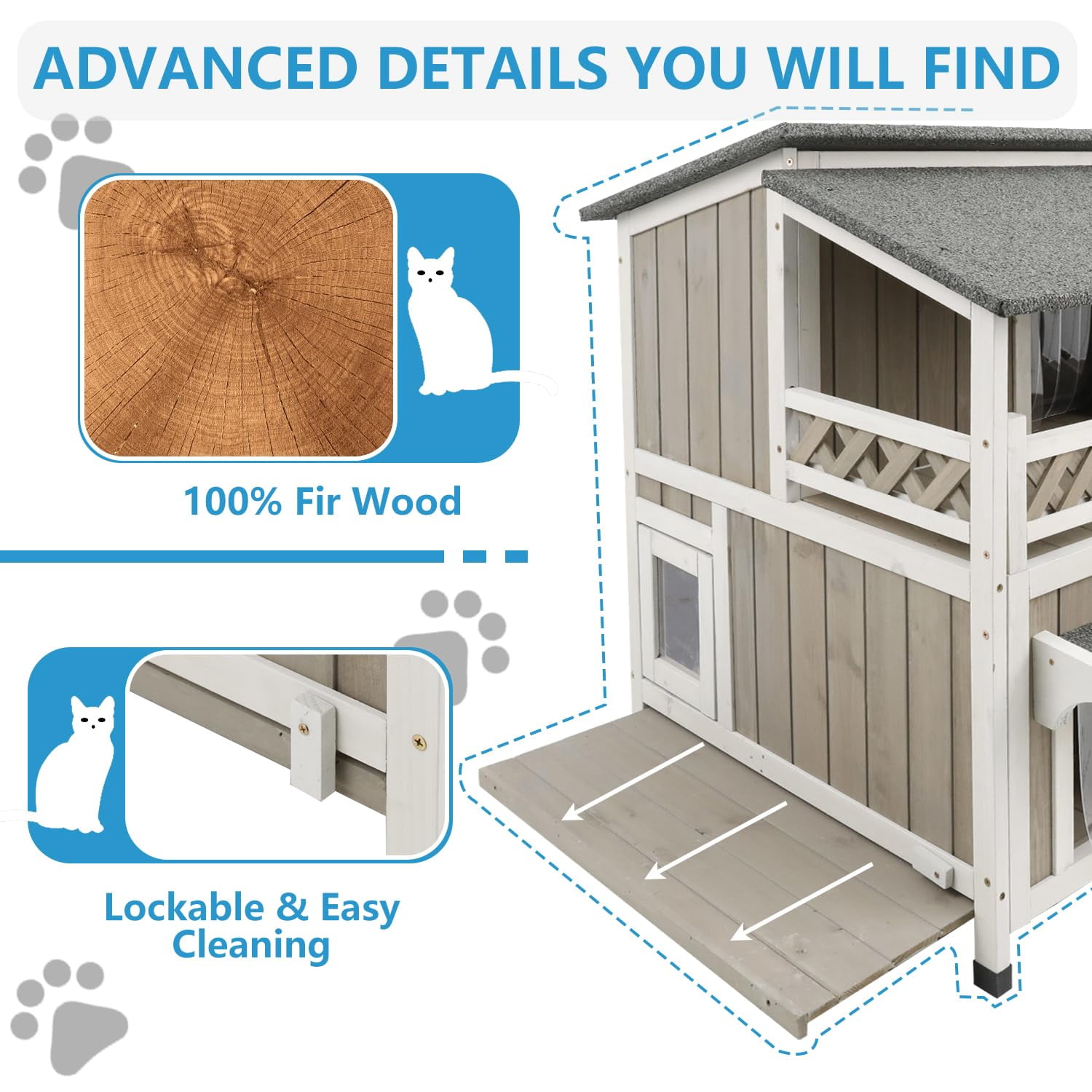 PETSCOSSET 2-Story Outdoor Cat House with Split-Level Openable Asphalt Roof, Fir Wood Cat Condo with Balcony & Escape Door, Weatherproof Shelter with Removable Floors for Easy Cleaning