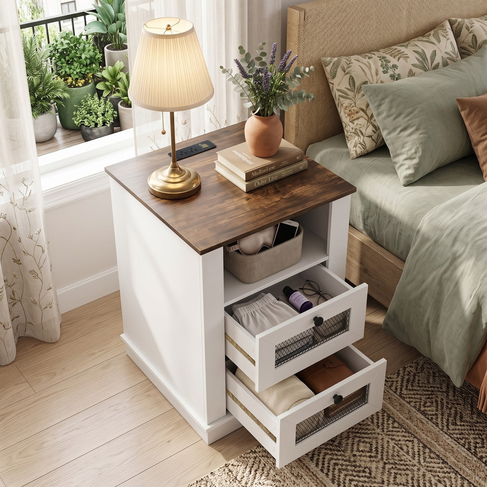 Furnibear Industrial Nightstand with Charging Station and 2 Drawers, Bedside Table with Metal Mesh Fronts and Open Compartment, Rustic Brown