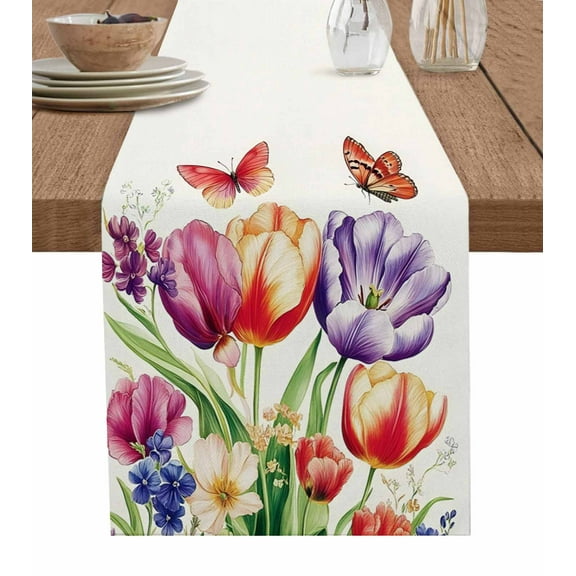 Table Runner Dresser Scarves 70 Inch Long,Retro Spring Colorful Flower Butterfly Linen Dining Table Runners Blossom Tulip on Linen Tabletop Scarf for Wedding Holiday Party Kitchen