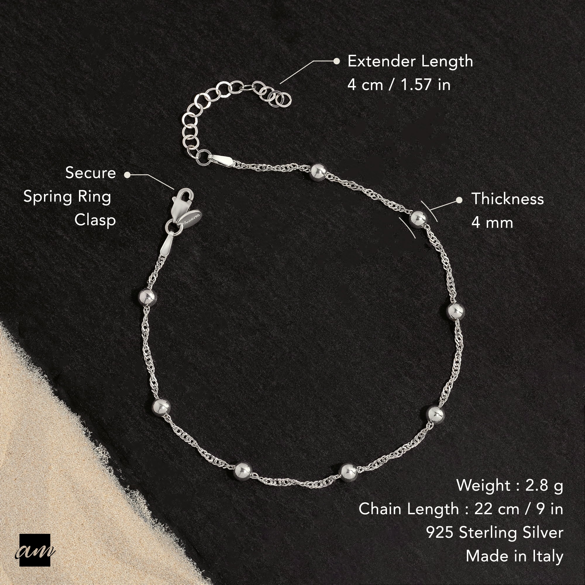 Amberta 925 Fine Sterling Silver 1.4 mm Adjustable Anklet - Singapore Chain with 4 mm Ball Beads Ankle Bracelet - 9" to 10" inch - Flexible Fit