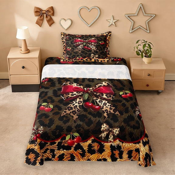 Erosebridal Leopard Print Bowknot Twin Sheet Sets For Kids,Cute Cherries Cute Bows Girls Bedding 3pcs