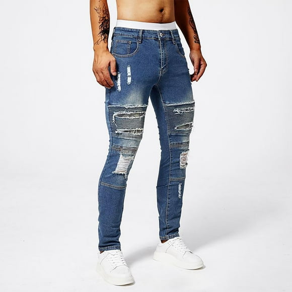 Mceream Men's Blue Slim Fit Jeans Stretch Destroyed Ripped Skinny Jeans Side Striped Denim Pants Pantalon Hombre Blue 36