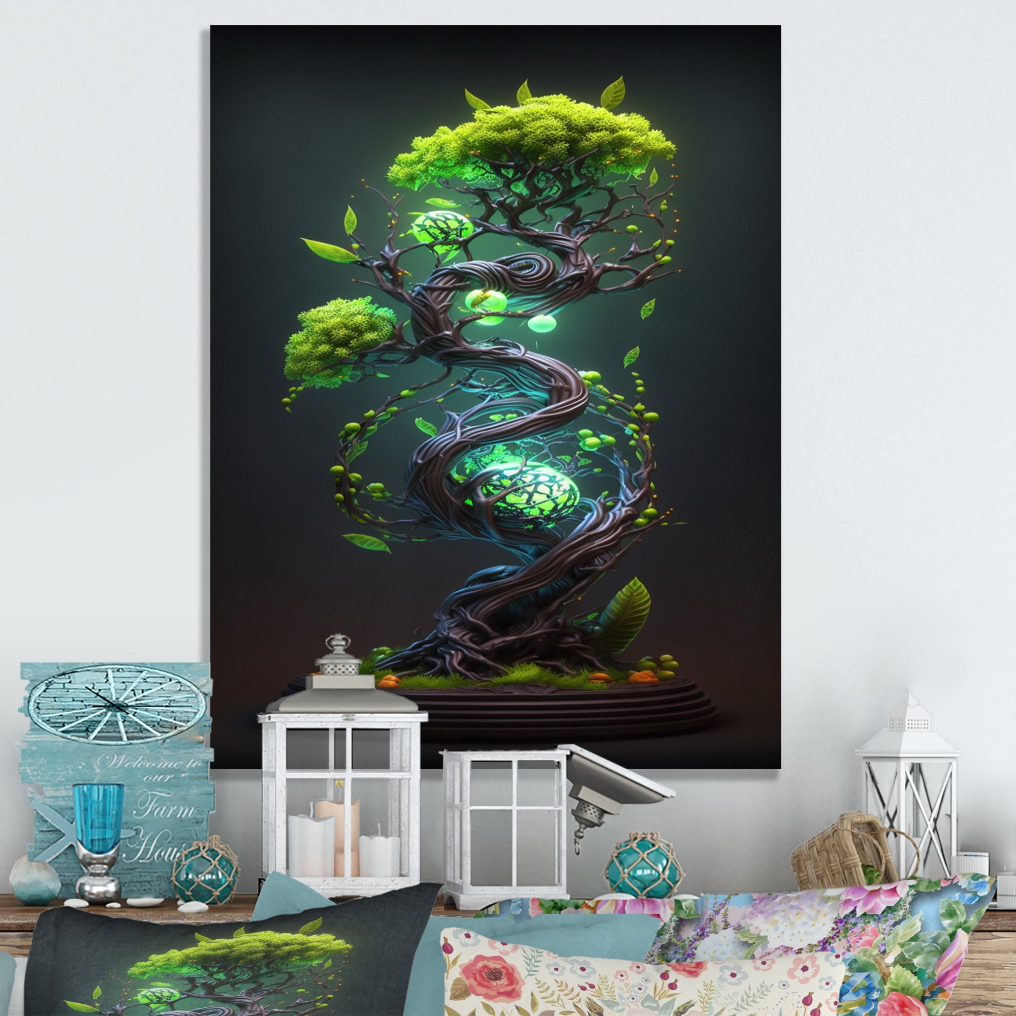 Designart Bonsai Swirl Tree Neon I Canvas Wall Art